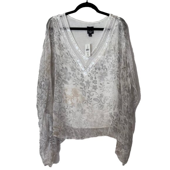 Le Marais Paris 100% Silk Pastel Floral Sequin Poncho Blouse - Size L - NWT - Picture 2 of 4